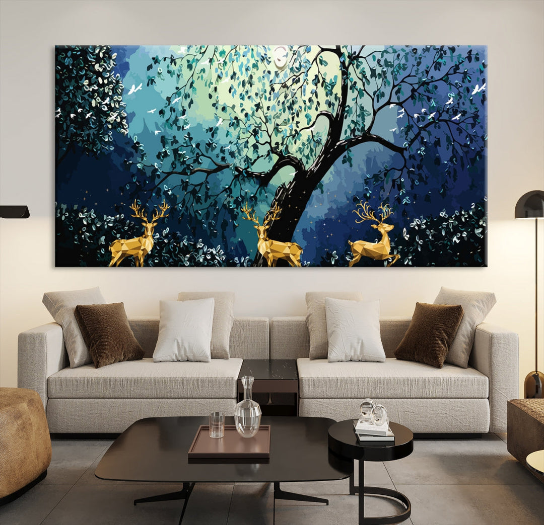 Reindeer and Full Moon Painting on Original Canvas Wall Art Large Print Framed