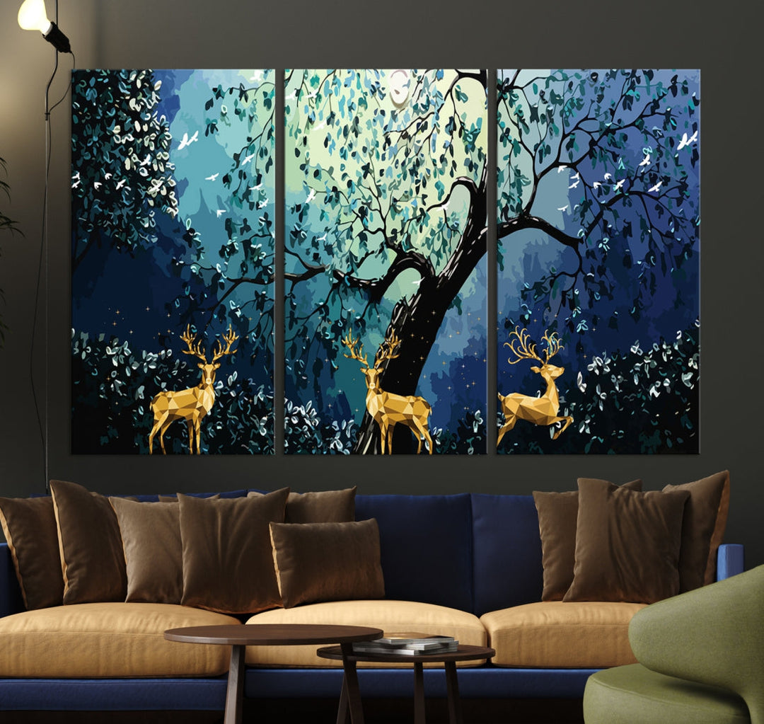 Reindeer and Full Moon Painting on Original Canvas Wall Art Large Print Framed