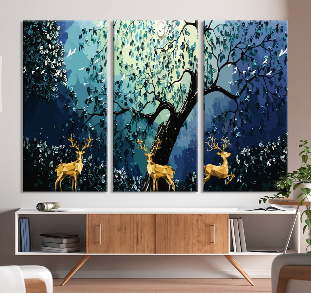 Reindeer and Full Moon Painting on Original Canvas Wall Art Large Print Framed