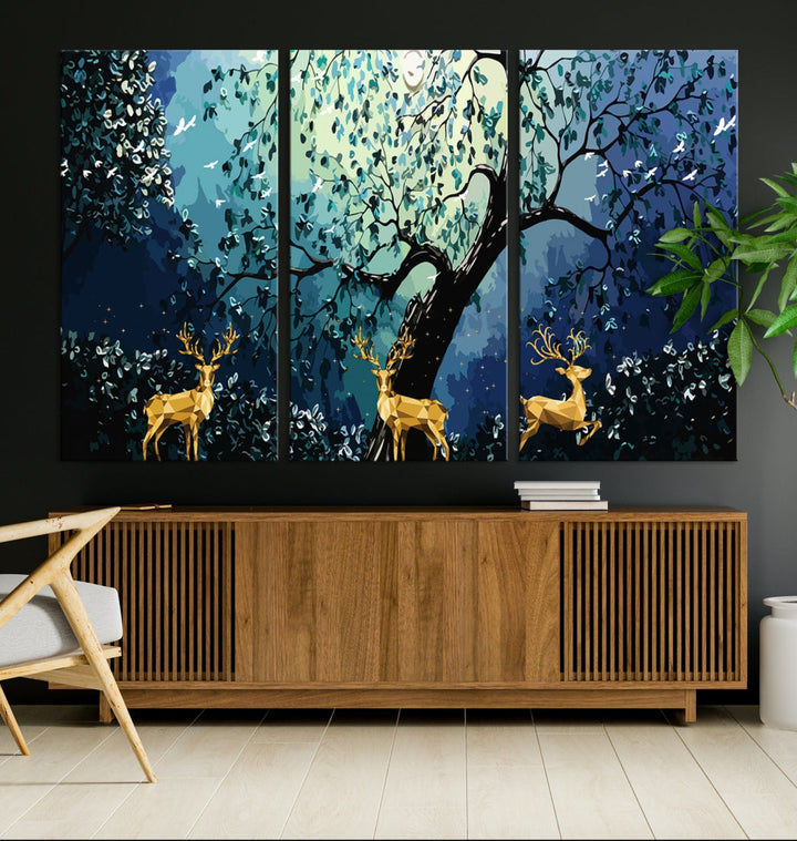 Reindeer and Full Moon Painting on Original Canvas Wall Art Large Print Framed