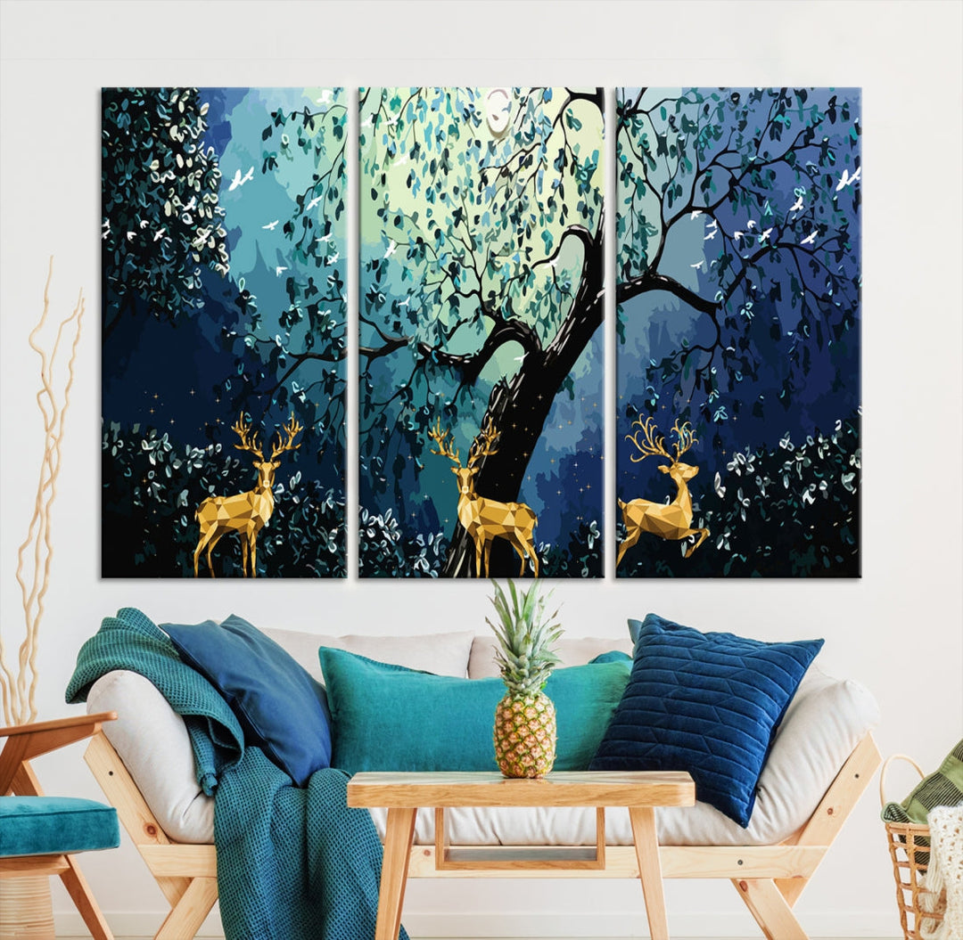 Reindeer and Full Moon Painting on Original Canvas Wall Art Large Print Framed