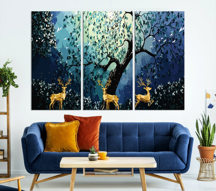 Reindeer and Full Moon Painting on Original Canvas Wall Art Large Print Framed