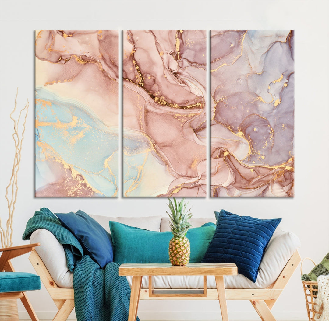 Rose Gold Marble Fluid Effect Abstract Painting Framed Canvas Wall Art Giclee Print