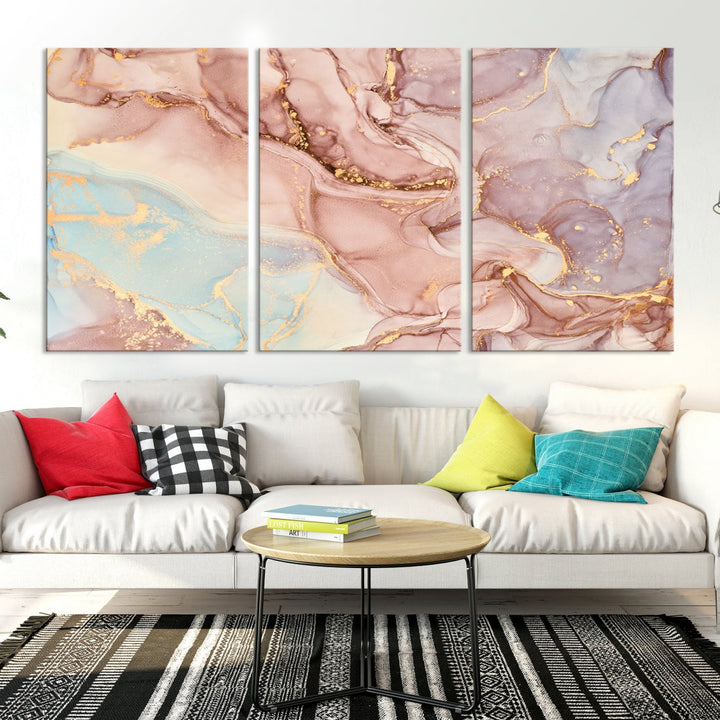 Rose Gold Marble Fluid Effect Abstract Painting Framed Canvas Wall Art Giclee Print