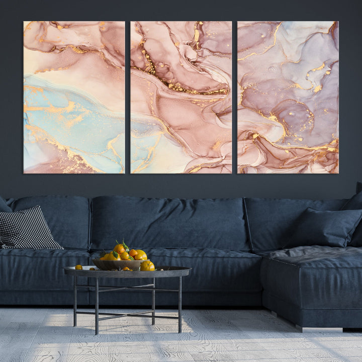 Rose Gold Marble Fluid Effect Abstract Painting Framed Canvas Wall Art Giclee Print