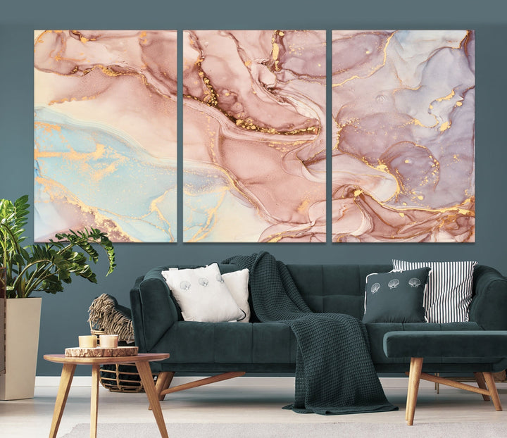 Rose Gold Marble Fluid Effect Abstract Painting Framed Canvas Wall Art Giclee Print