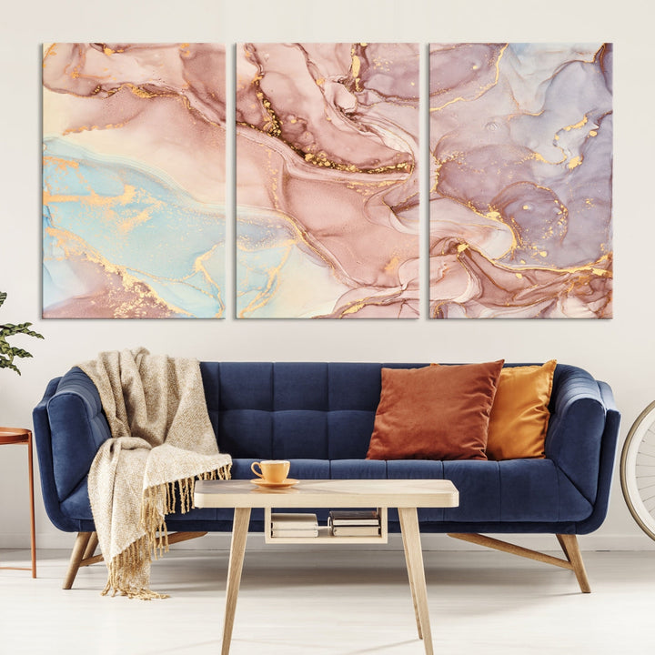 Rose Gold Marble Fluid Effect Abstract Painting Framed Canvas Wall Art Giclee Print