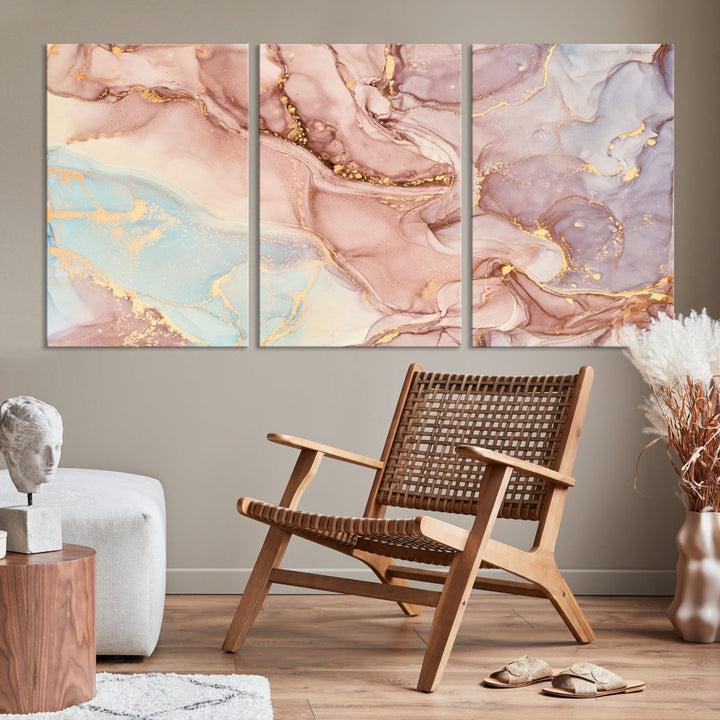 Rose Gold Marble Fluid Effect Abstract Painting Framed Canvas Wall Art Giclee Print