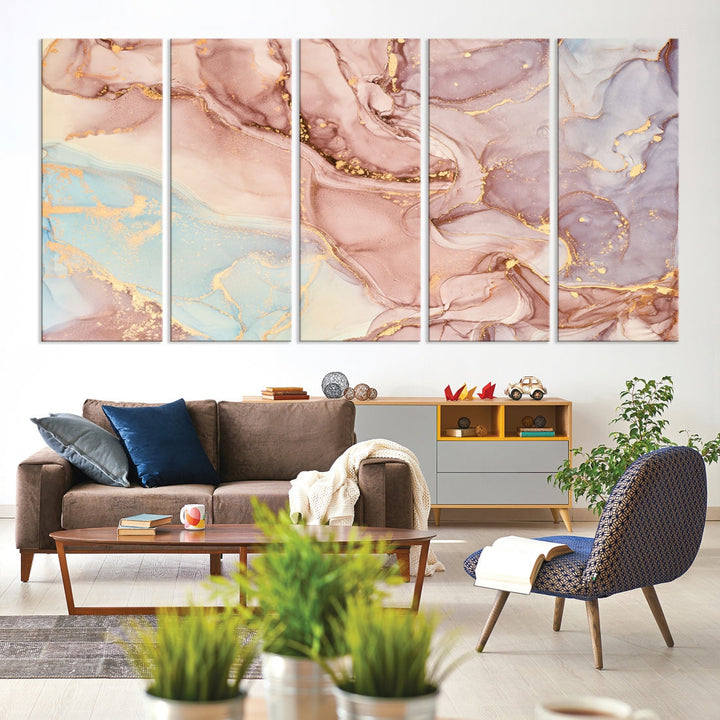 Rose Gold Marble Fluid Effect Abstract Painting Framed Canvas Wall Art Giclee Print