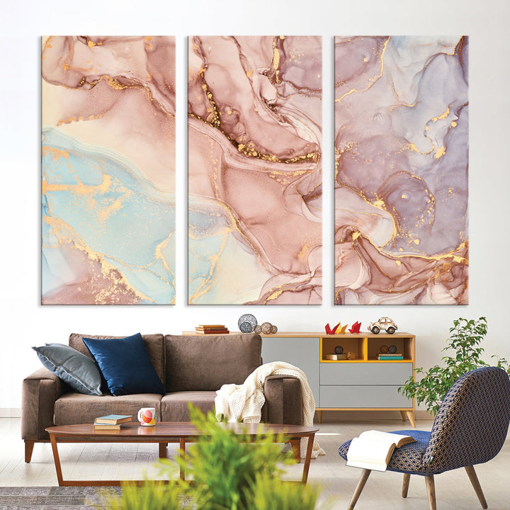 Rose Gold Marble Fluid Effect Abstract Painting Framed Canvas Wall Art Giclee Print