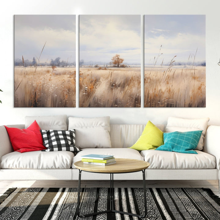 Rural Wheat Field Landscape Painting Neutral Tones Wall Art Canvas Print