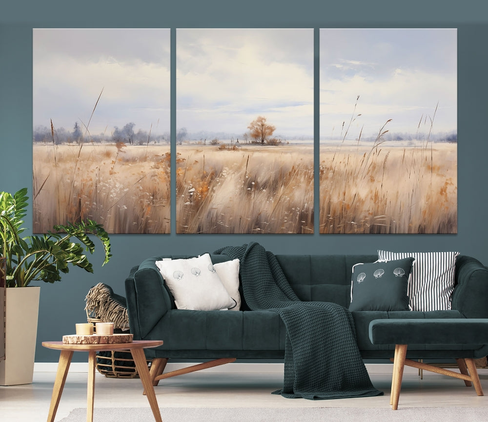 Rural Wheat Field Landscape Painting Neutral Tones Wall Art Canvas Print