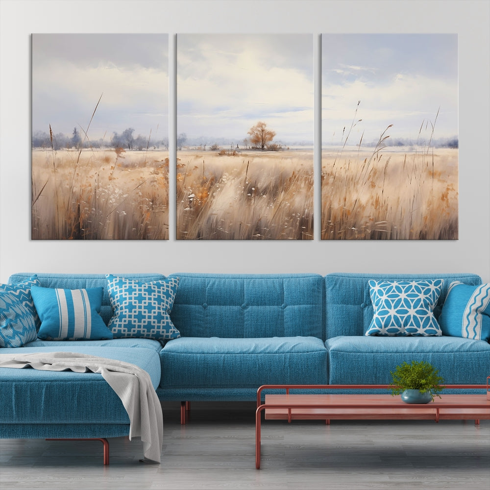 Rural Wheat Field Landscape Painting Neutral Tones Wall Art Canvas Print