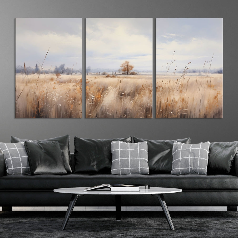 Rural Wheat Field Landscape Painting Neutral Tones Wall Art Canvas Print