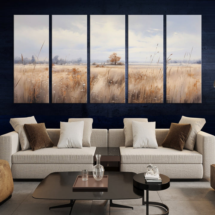 Rural Wheat Field Landscape Painting Neutral Tones Wall Art Canvas Print