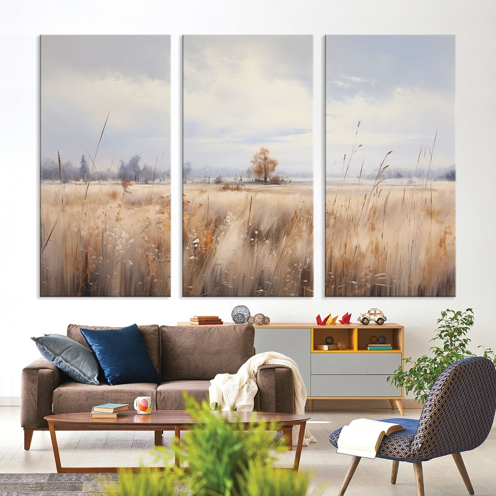 Rural Wheat Field Landscape Painting Neutral Tones Wall Art Canvas Print