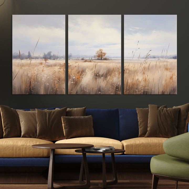 Rural Wheat Field Landscape Painting Neutral Tones Wall Art Canvas Print