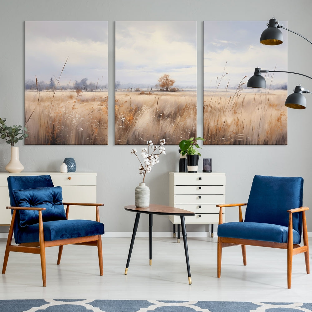 Rural Wheat Field Landscape Painting Neutral Tones Wall Art Canvas Print