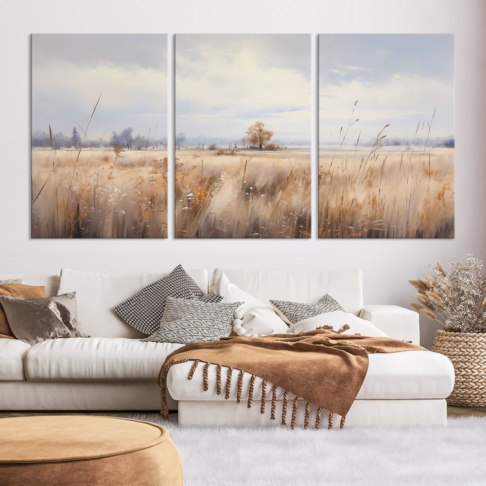 Rural Wheat Field Landscape Painting Neutral Tones Wall Art Canvas Print