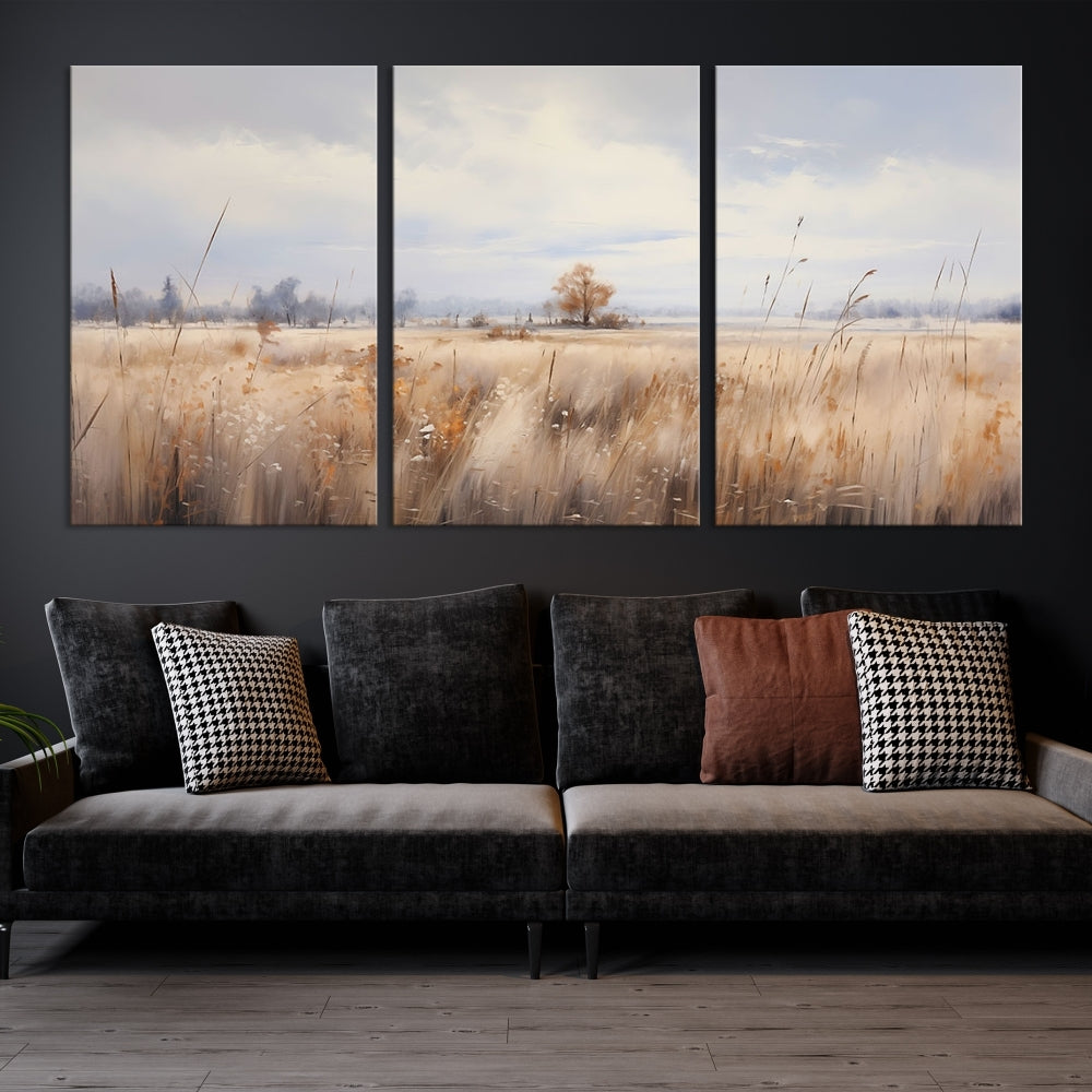 Rural Wheat Field Landscape Painting Neutral Tones Wall Art Canvas Print