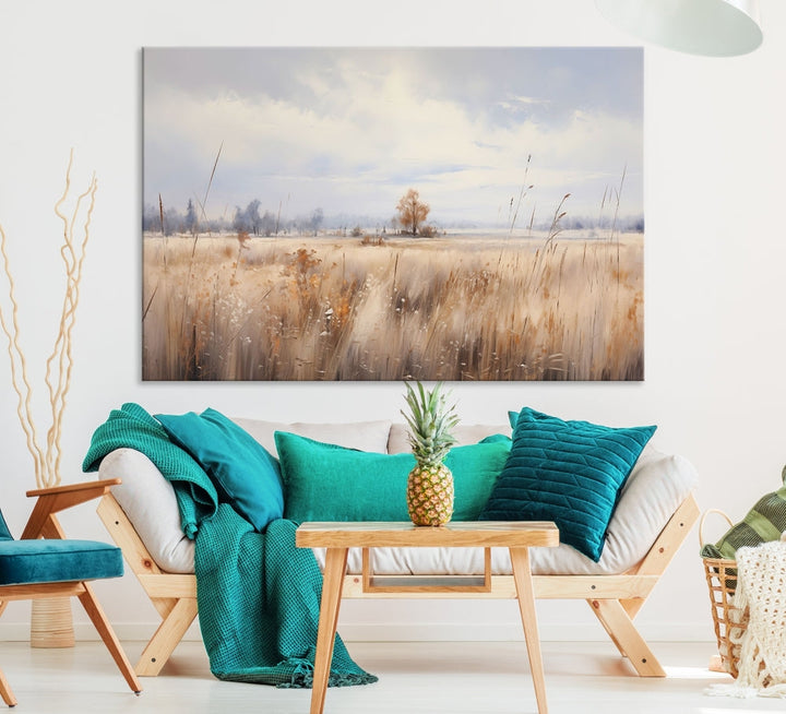 Rural Wheat Field Landscape Painting Neutral Tones Wall Art Canvas Print