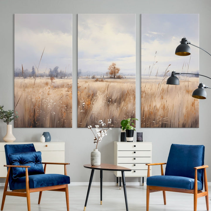 Rural Wheat Field Landscape Painting Neutral Tones Wall Art Canvas Print