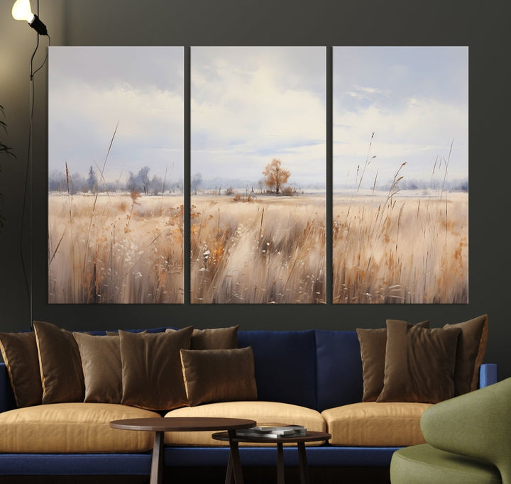 Rural Wheat Field Landscape Painting Neutral Tones Wall Art Canvas Print