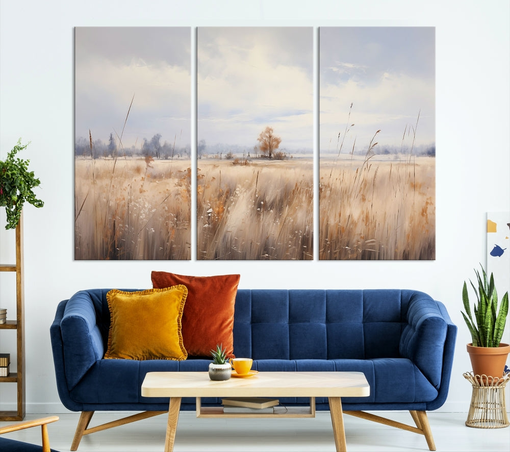 Rural Wheat Field Landscape Painting Neutral Tones Wall Art Canvas Print