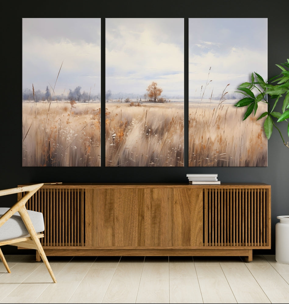 Rural Wheat Field Landscape Painting Neutral Tones Wall Art Canvas Print