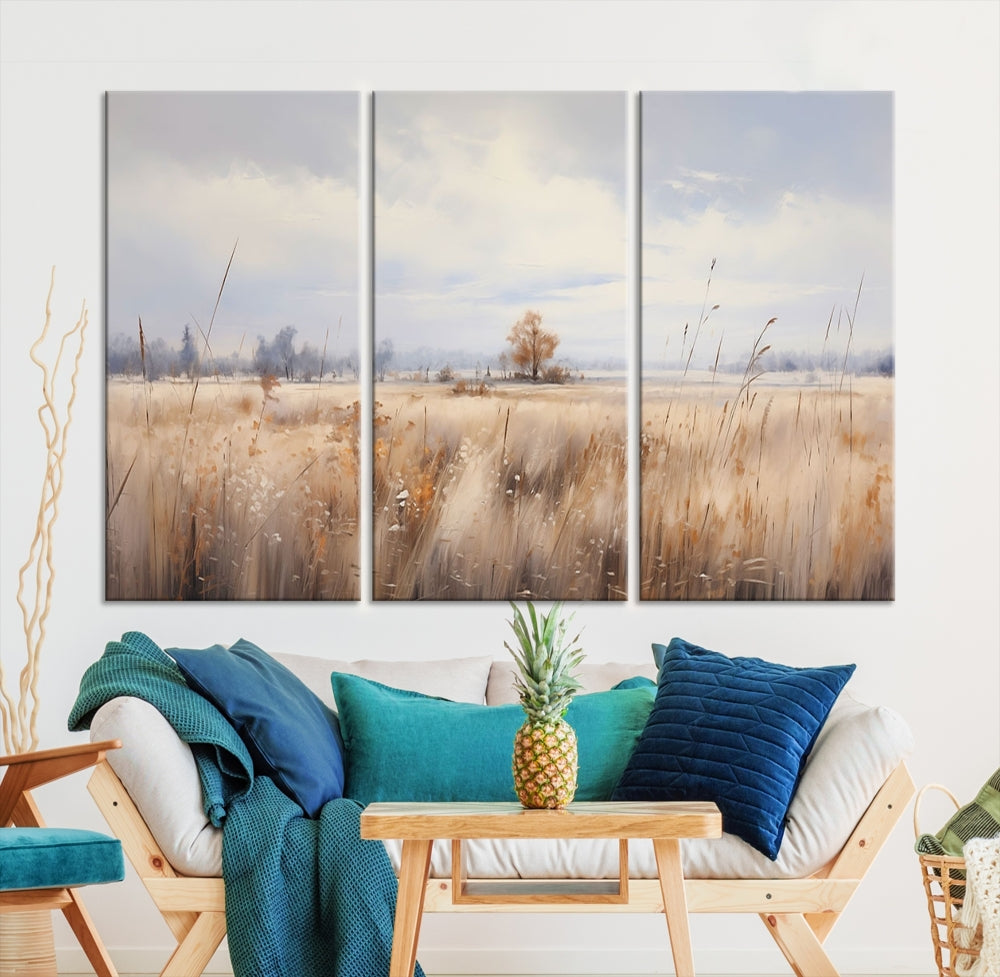 Rural Wheat Field Landscape Painting Neutral Tones Wall Art Canvas Print