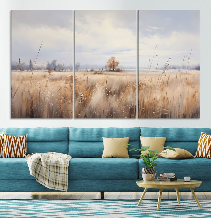 Rural Wheat Field Landscape Painting Neutral Tones Wall Art Canvas Print