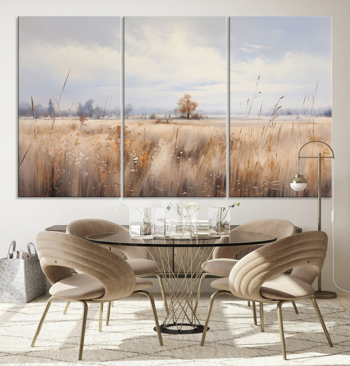 Rural Wheat Field Landscape Painting Neutral Tones Wall Art Canvas Print