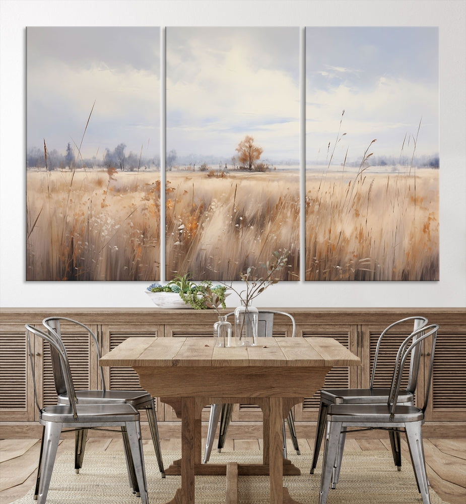 Rural Wheat Field Landscape Painting Neutral Tones Wall Art Canvas Print