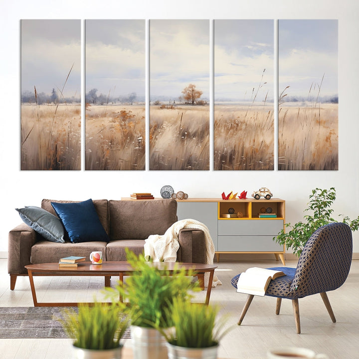 Rural Wheat Field Landscape Painting Neutral Tones Wall Art Canvas Print