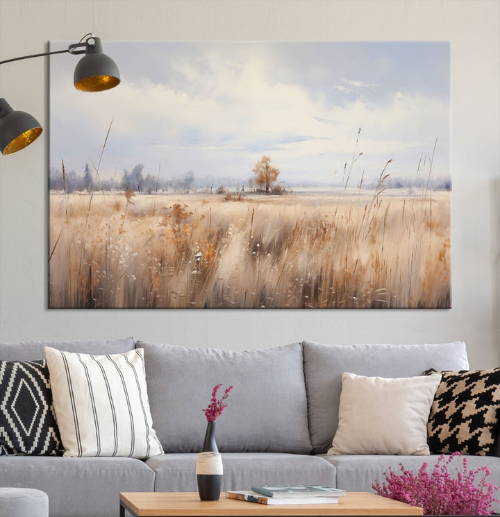 Rural Wheat Field Landscape Painting Neutral Tones Wall Art Canvas Print