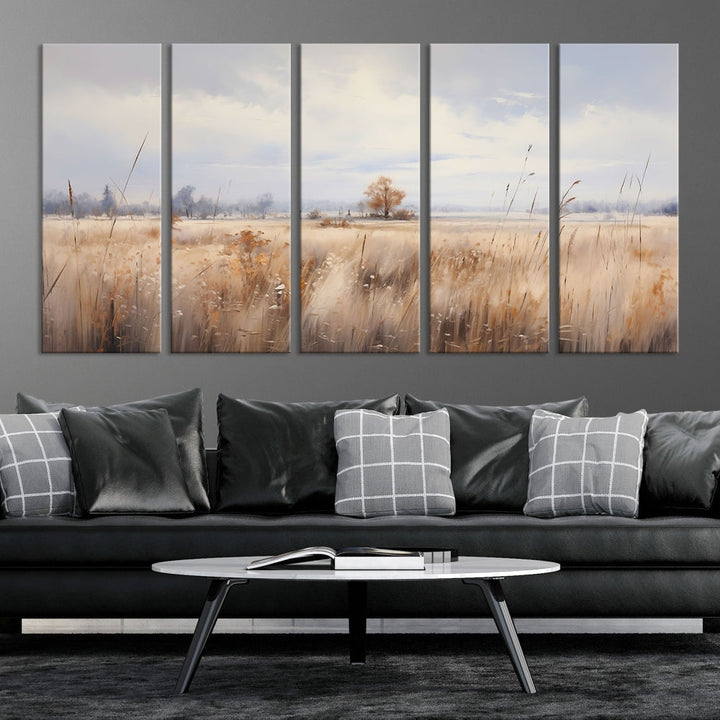 Rural Wheat Field Landscape Painting Neutral Tones Wall Art Canvas Print