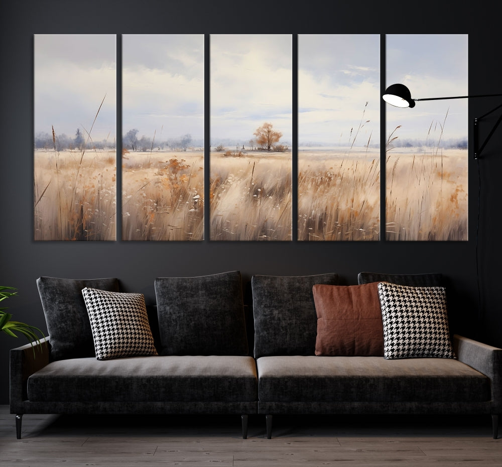 Rural Wheat Field Landscape Painting Neutral Tones Wall Art Canvas Print