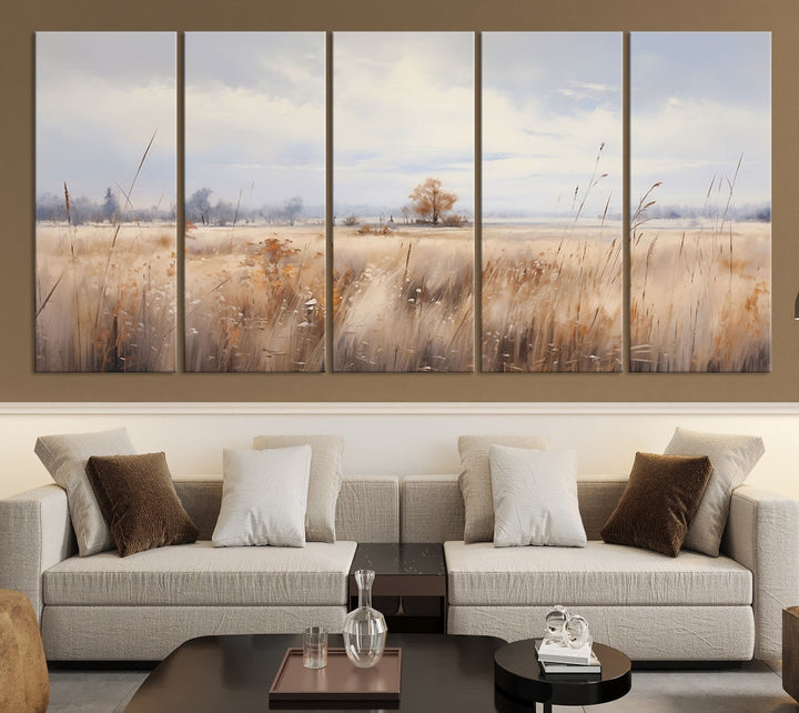 Rural Wheat Field Landscape Painting Neutral Tones Wall Art Canvas Print