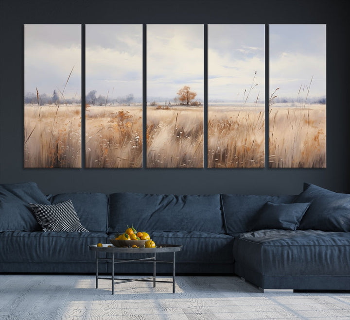 Rural Wheat Field Landscape Painting Neutral Tones Wall Art Canvas Print