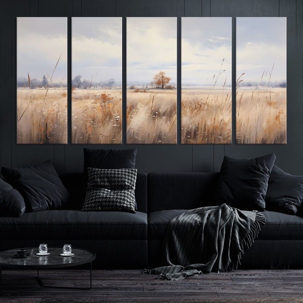 Rural Wheat Field Landscape Painting Neutral Tones Wall Art Canvas Print