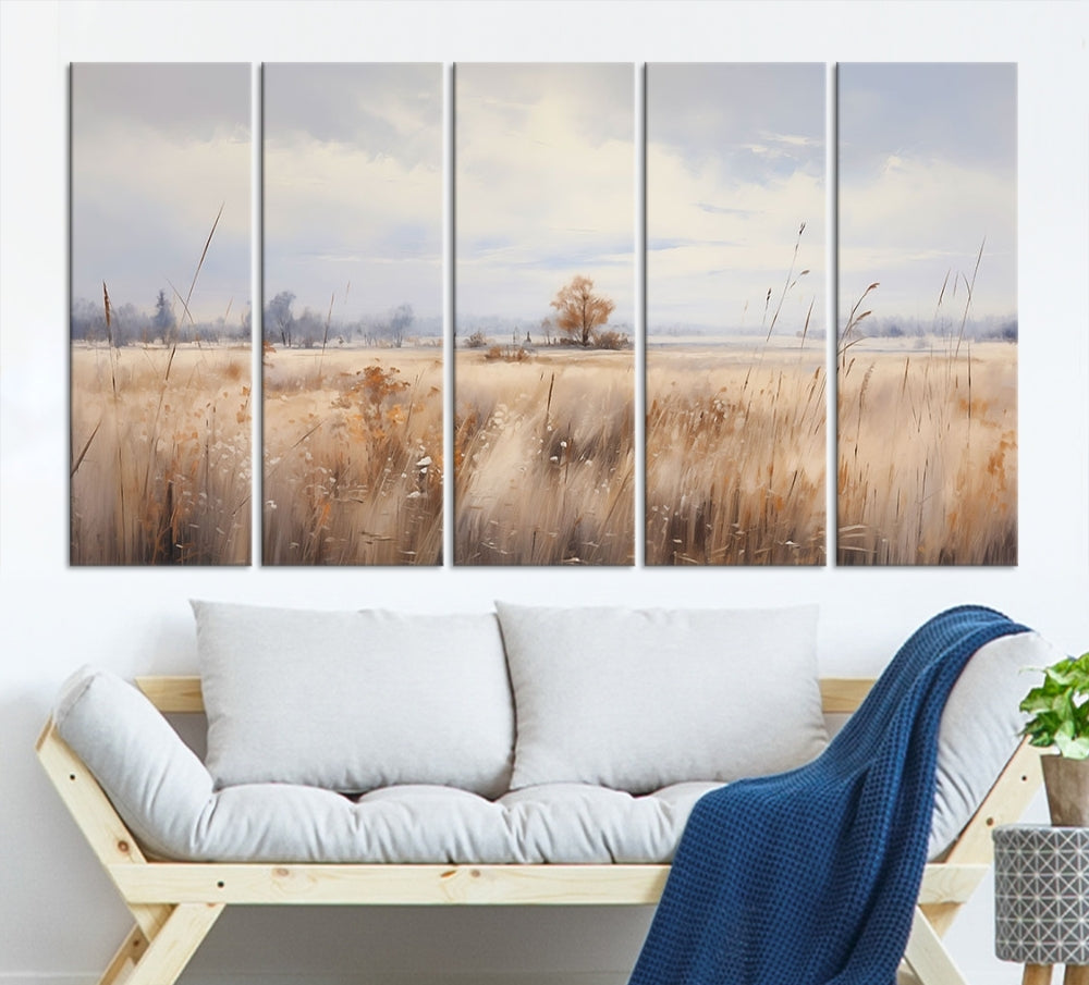 Rural Wheat Field Landscape Painting Neutral Tones Wall Art Canvas Print