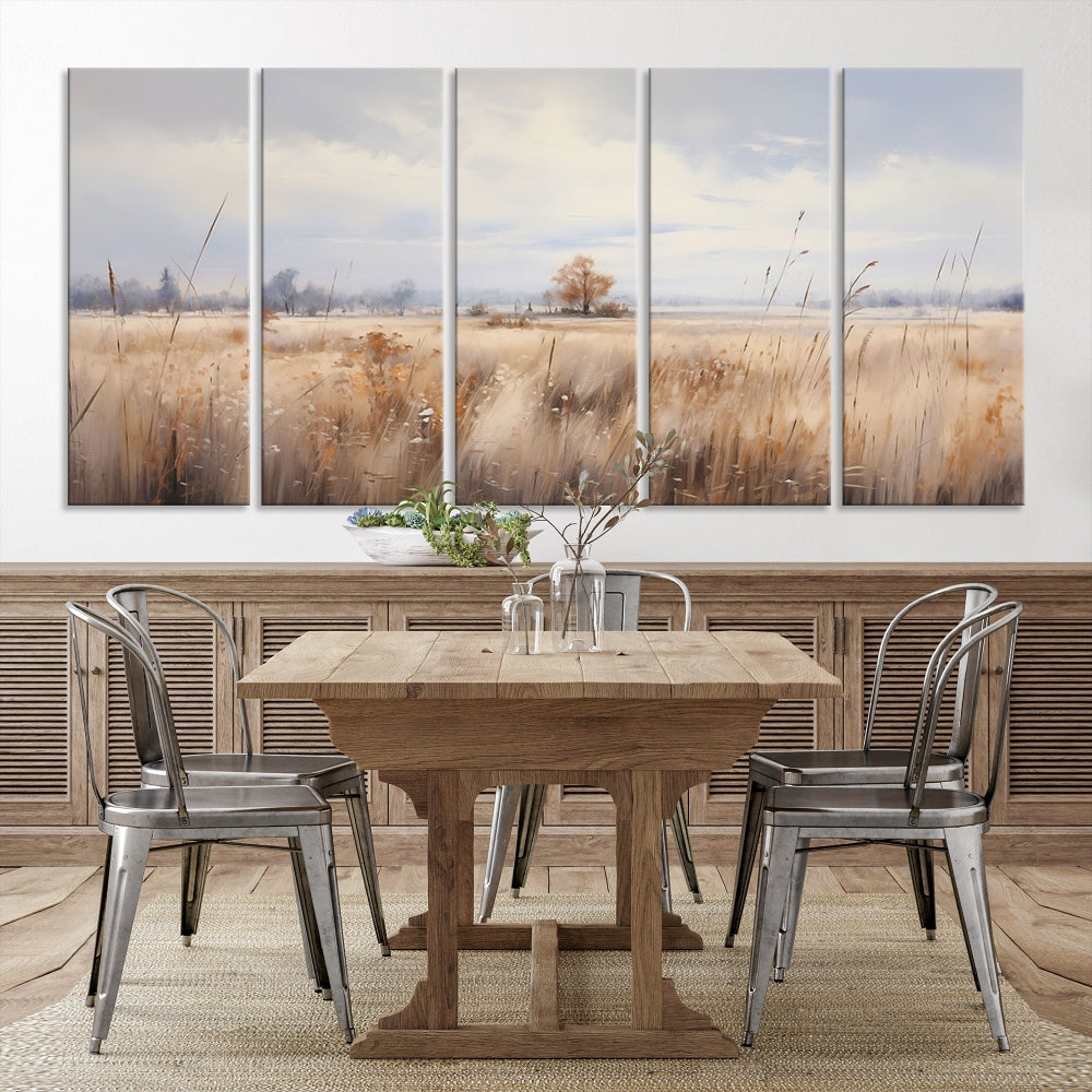 Rural Wheat Field Landscape Painting Neutral Tones Wall Art Canvas Print