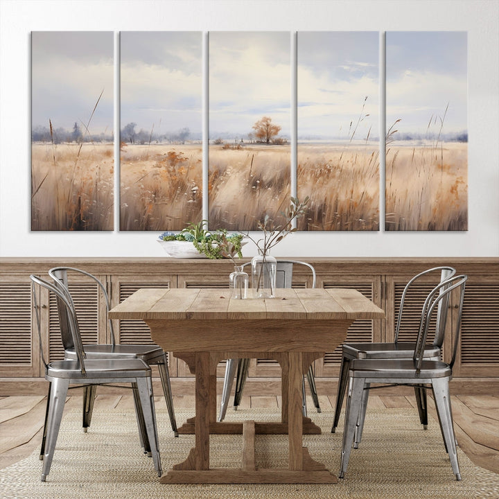 Rural Wheat Field Landscape Painting Neutral Tones Wall Art Canvas Print