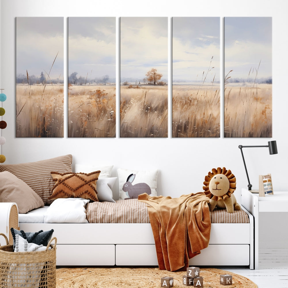 Rural Wheat Field Landscape Painting Neutral Tones Wall Art Canvas Print