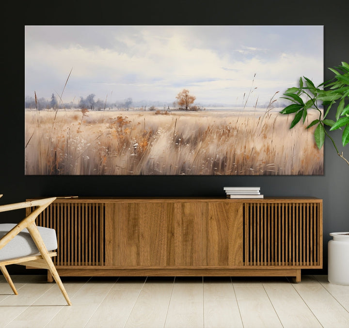 Rural Wheat Field Landscape Painting Neutral Tones Wall Art Canvas Print