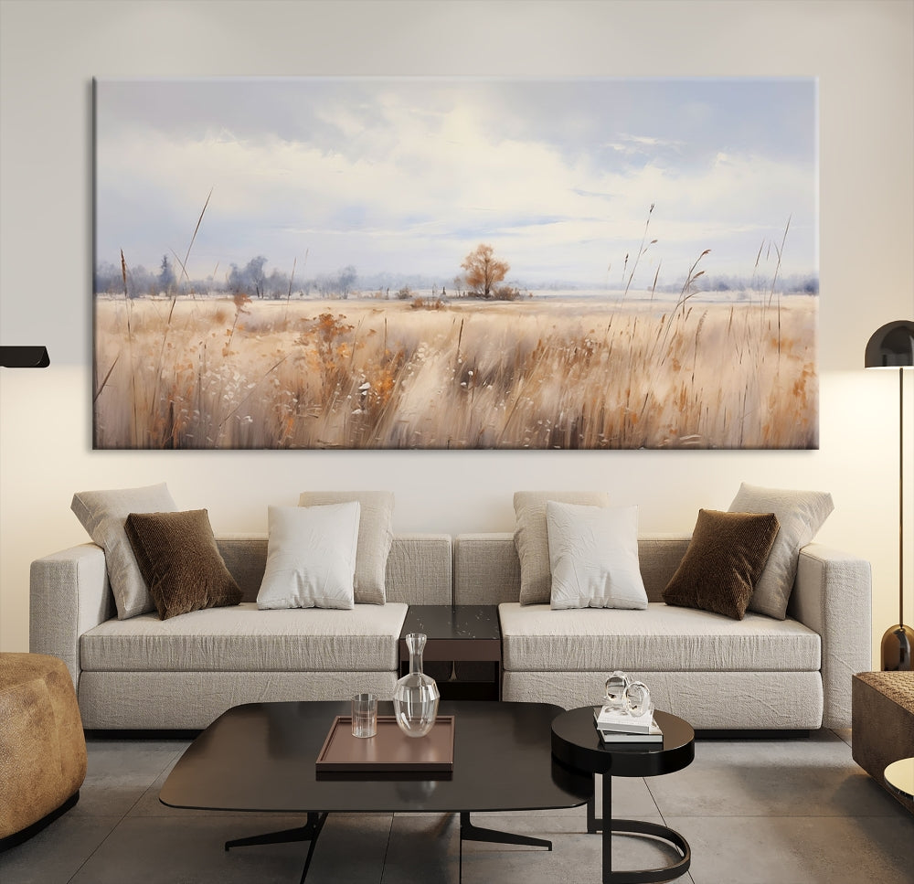 Rural Wheat Field Landscape Painting Neutral Tones Wall Art Canvas Print