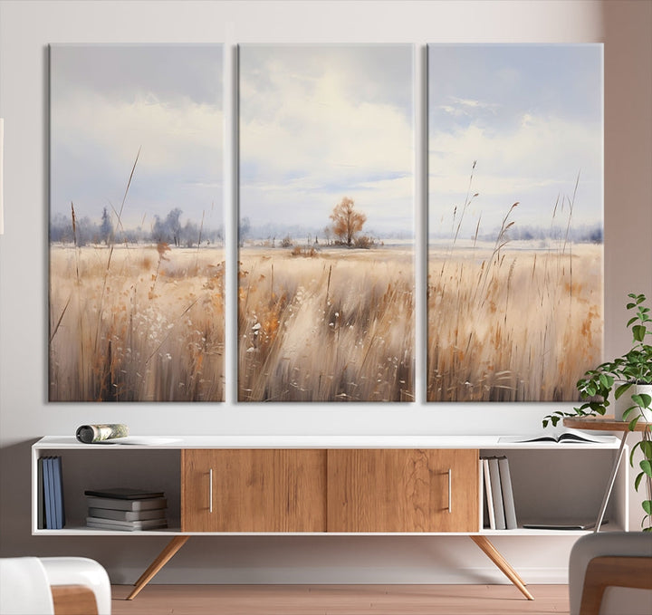 Rural Wheat Field Landscape Painting Neutral Tones Wall Art Canvas Print