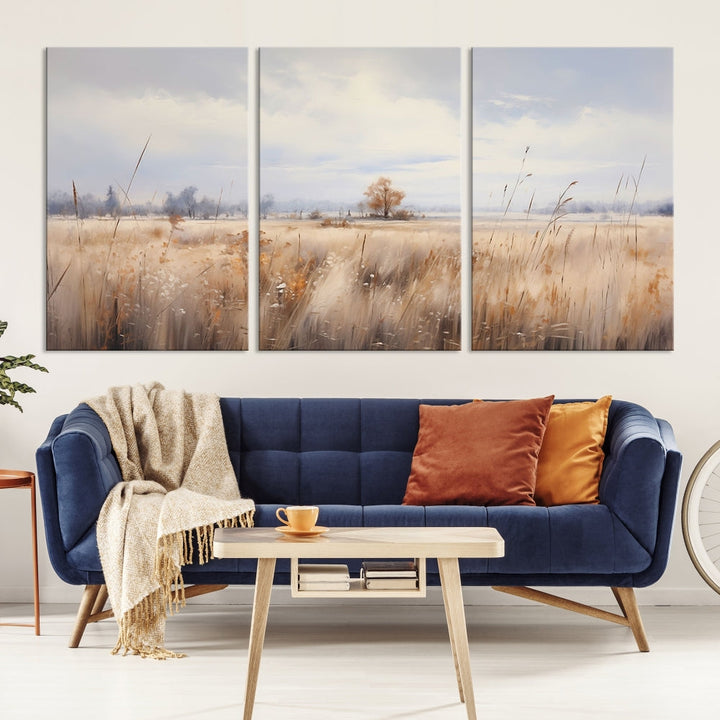 Rural Wheat Field Landscape Painting Neutral Tones Wall Art Canvas Print