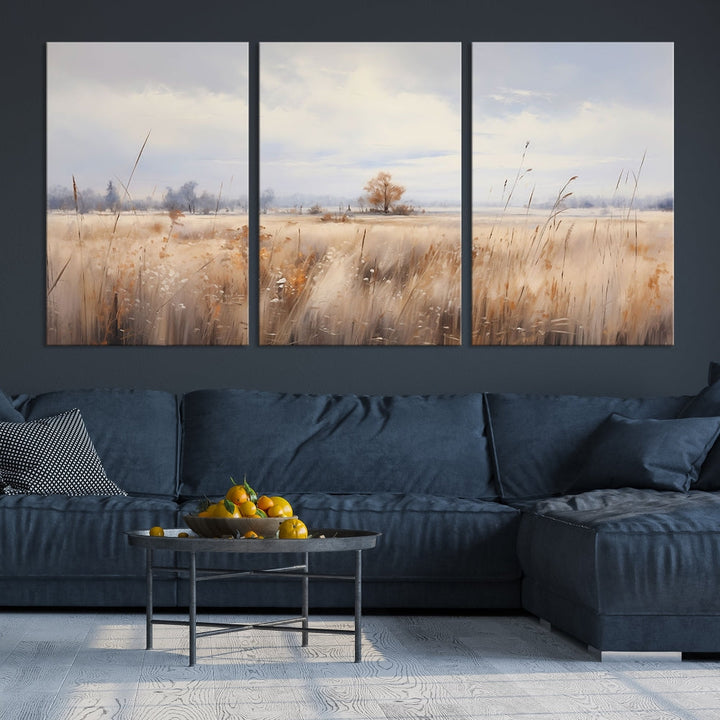 Rural Wheat Field Landscape Painting Neutral Tones Wall Art Canvas Print