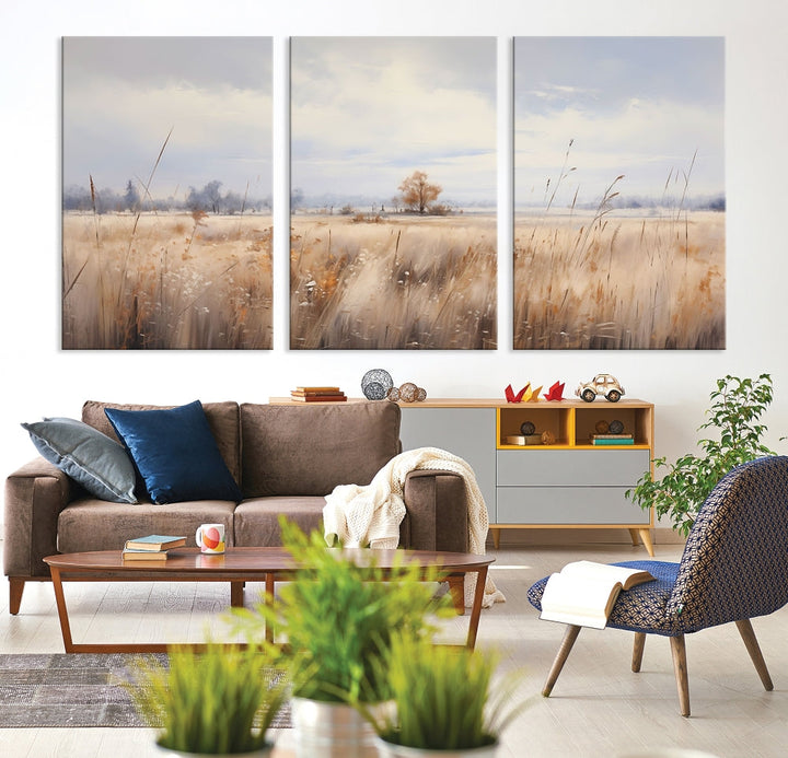 Rural Wheat Field Landscape Painting Neutral Tones Wall Art Canvas Print